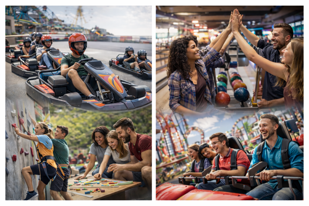 Jongeren van Waterpas Zorg nemen deel aan recreatie- en groepsactiviteiten zoals karten, bowlen, klimmen en pretparkbezoek onder professionele begeleiding in Utrecht, Noord-Holland en Flevoland