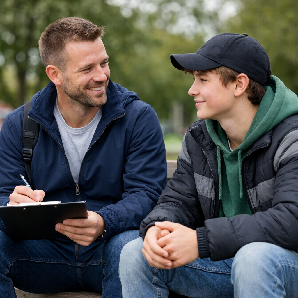 ambulant begeleider in gesprek met een jongere buiten op een bankje tijdens een begeleidingsmoment.