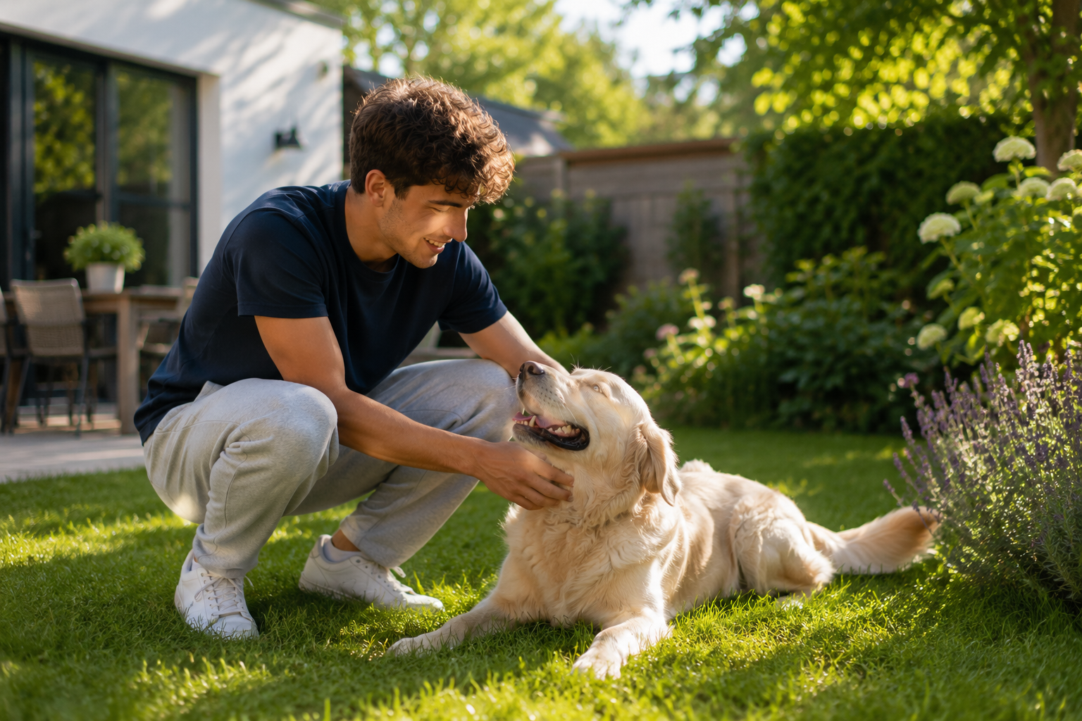 Jongere met hond in de tuin bij crisisopvang voor jongeren